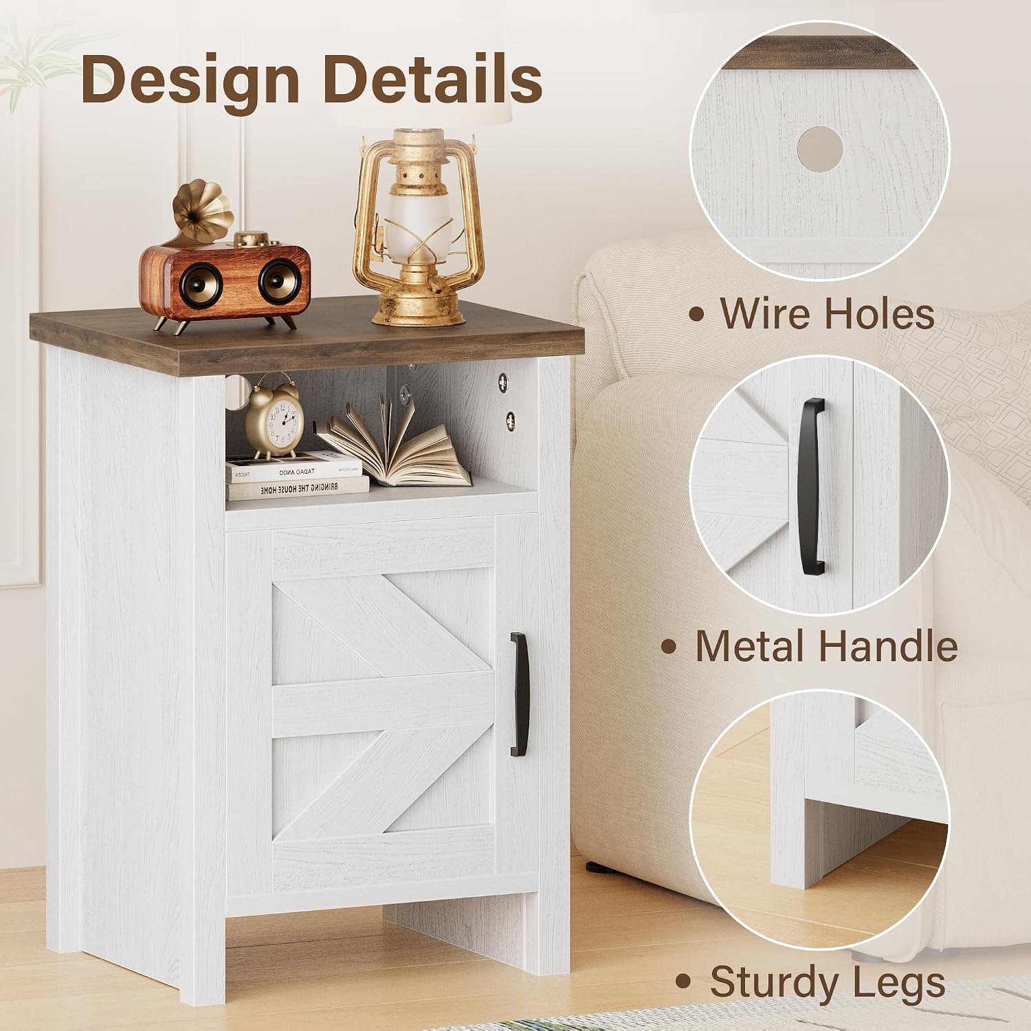 JUMMICO Farmhouse Nightstand, Modern Bedside Table with Barn Door and Shelf, Rustic End Table Side Table for Bedroom,Living Room(1, Rustic & White)