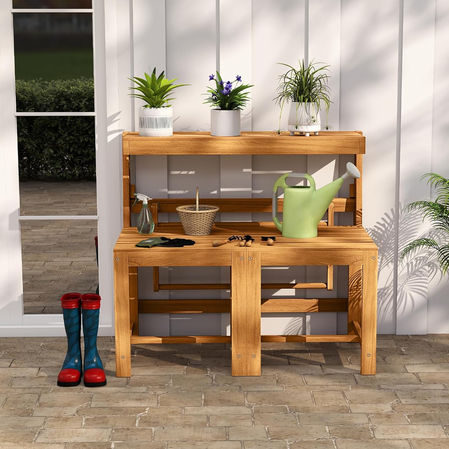 Tangkula 3-in-1 Convertible Bench Bar Table, Space-Saving Patio Convert A Bench with Balcony Plant Rack Design, Outdoor Folding Table and Chairs Set for Garden Porch & Backyard
