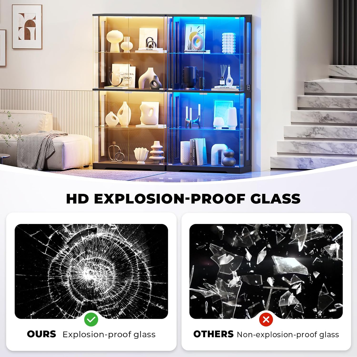 Display Cabinet with Glass Doors, 4-Tier Curio Cabinet with Transparent Full-Display Surface, 65" Glass Display Case with 3 Color Lights for Collectibles, Clear Case with Human Sensor Black