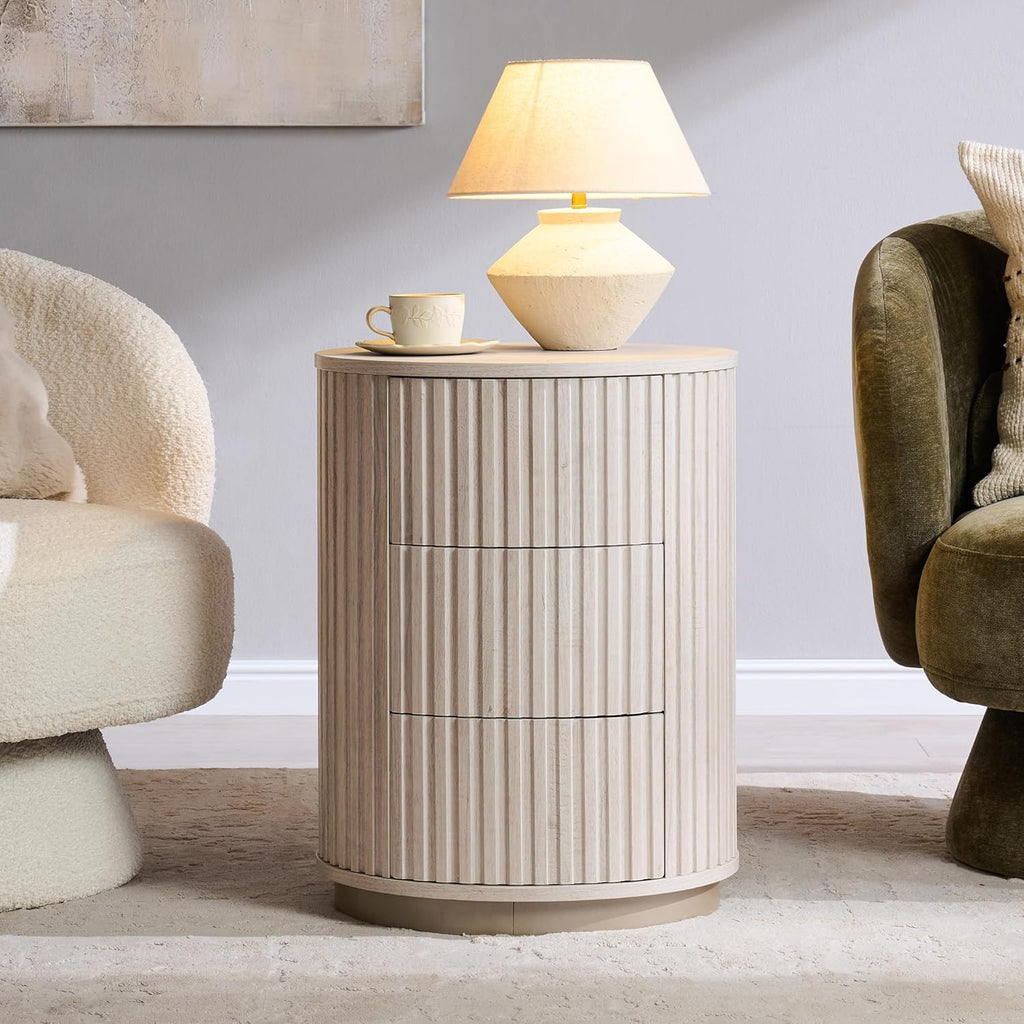 JXQTLINGMU Fluted Nightstand with 3 Push-to-Open Drawers, 24" Tall Round Side Table, Modern Wood End Table for Bedroom, Living Room or Small Spaces, White Alder
