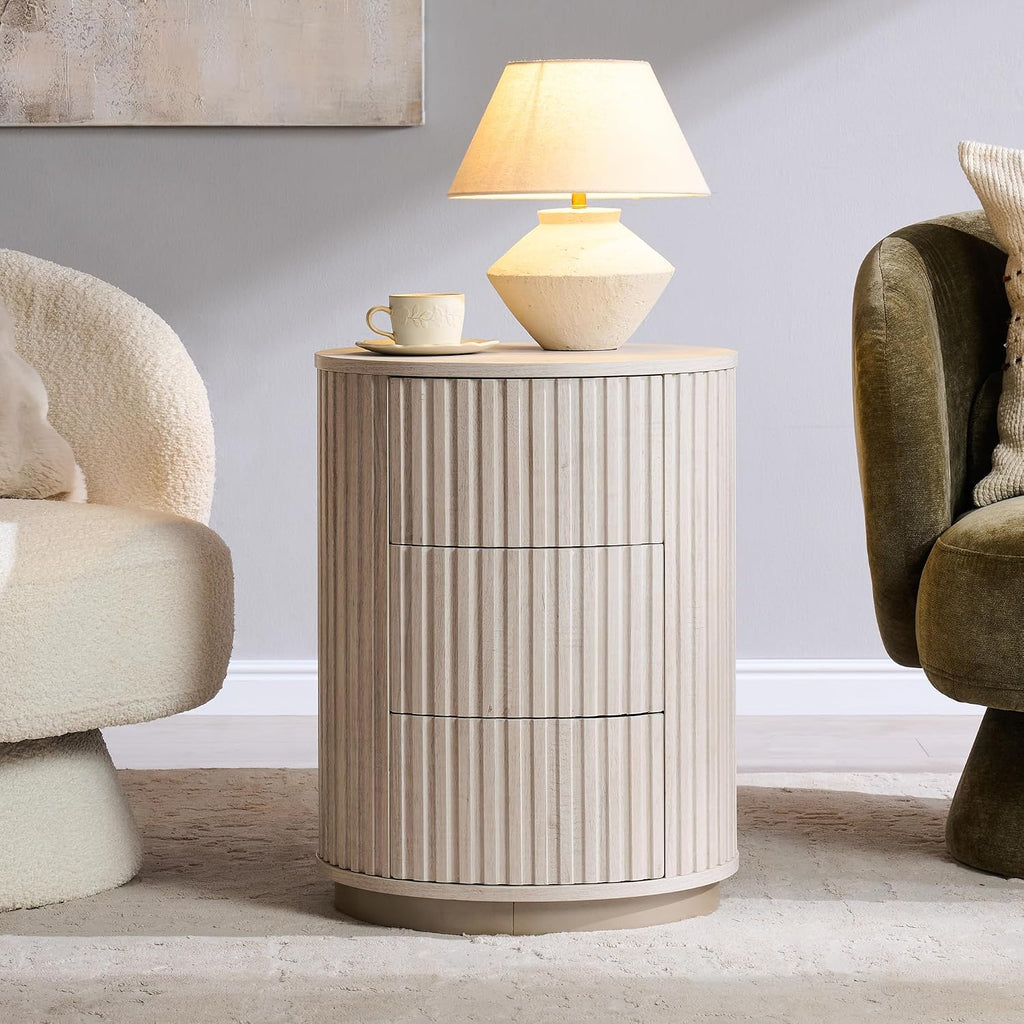 JXQTLINGMU Fluted Nightstand Set of 2 with 3 Push-to-Open Drawers, 24" Tall Round Side Table, Modern Wood End Table for Bedroom, Living Room or Small Spaces, White Alder