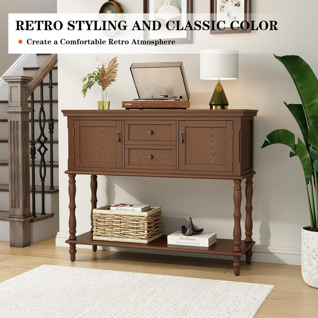 ARTPOWER Console Table for Entryway, Retro Wooden Table with Storage, 2 Doors & Drawers and Open Shelf, Behind Couch Sofa Table for Living Room, Foyer, Hallway, Brown