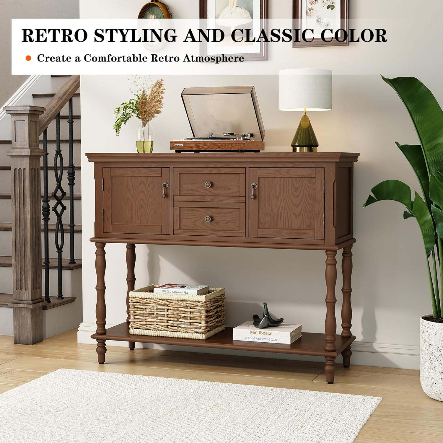 ARTPOWER Console Table for Entryway, Retro Wooden Table with Storage, 2 Doors & Drawers and Open Shelf, Behind Couch Sofa Table for Living Room, Foyer, Hallway, Brown