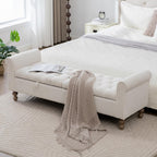 66" End of Bed Storage Bench King Size Beige,Napped Fabric Window Bench with Dual-Opening Compartments,Long Tufted Storage Bench Living Room,Bedroom,Entryway
