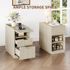 iPormis Fluted End Table Set of 2 with Charging Station, 2 Drawers Narrow Side Table for Living Room, Farmhouse Night Stand with with Open Shelf, Wooden Bedside Table for Bedroom Small Space, Natural