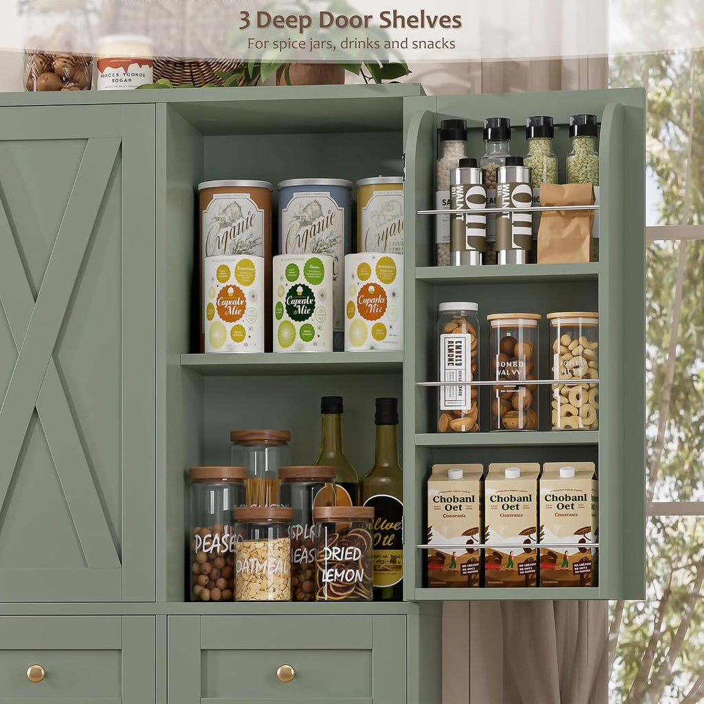 HOSTACK Modern Farmhouse Kitchen Pantry Storage Cabinet, 67" H Kitchen Pantry Cabinet with Barn Doors and Shelves, Freestanding Food Storage Cabinets with Drawers for Dining Room, Living Room, Green