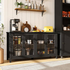 63 Inch Sideboard Buffet Cabinet with 4 Glass Doors, Coffee Wine Bar Storage Cabinet, Modern Buffet Table with Storage for Dining Room, Kitchen, Living Room, Black