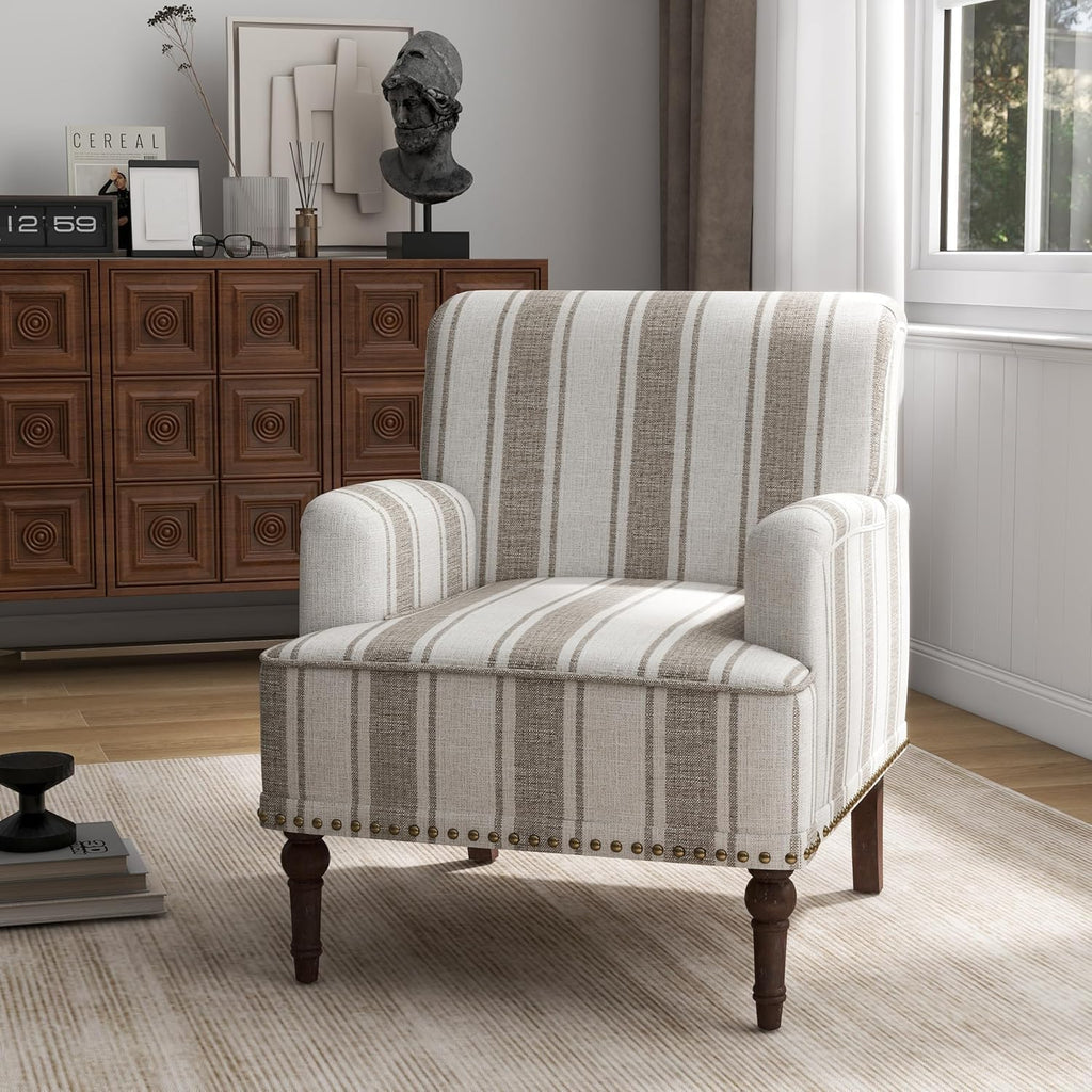 Stripe Accent Chair, Fabric Upholstered Armchair Modern Nailhead Trim Club Arm Chairs for Living Room with Wood Legs, Comfy Single Sofa Seat Bedroom Side Reading Seating - Brown
