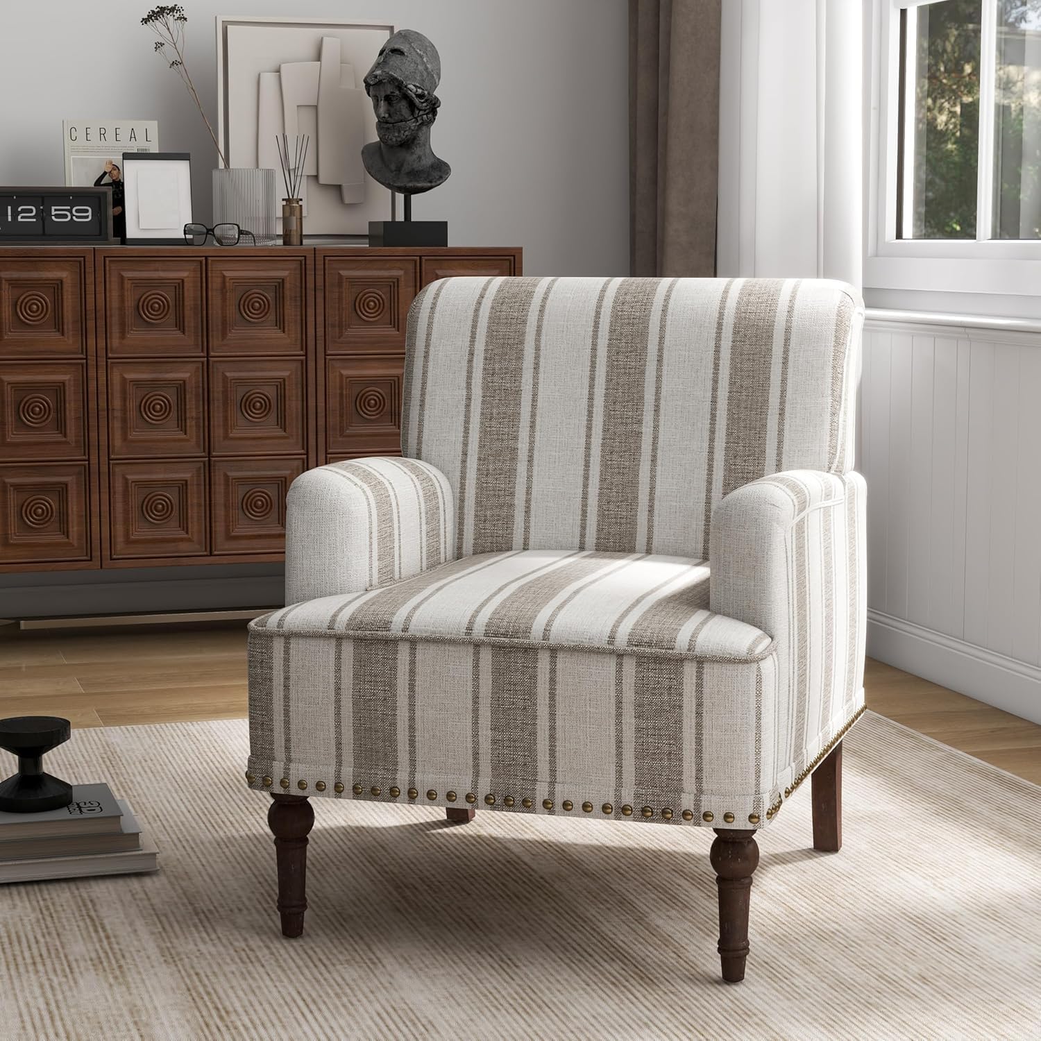 Stripe Accent Chair, Fabric Upholstered Armchair Modern Nailhead Trim Club Arm Chairs for Living Room with Wood Legs, Comfy Single Sofa Seat Bedroom Side Reading Seating - Brown