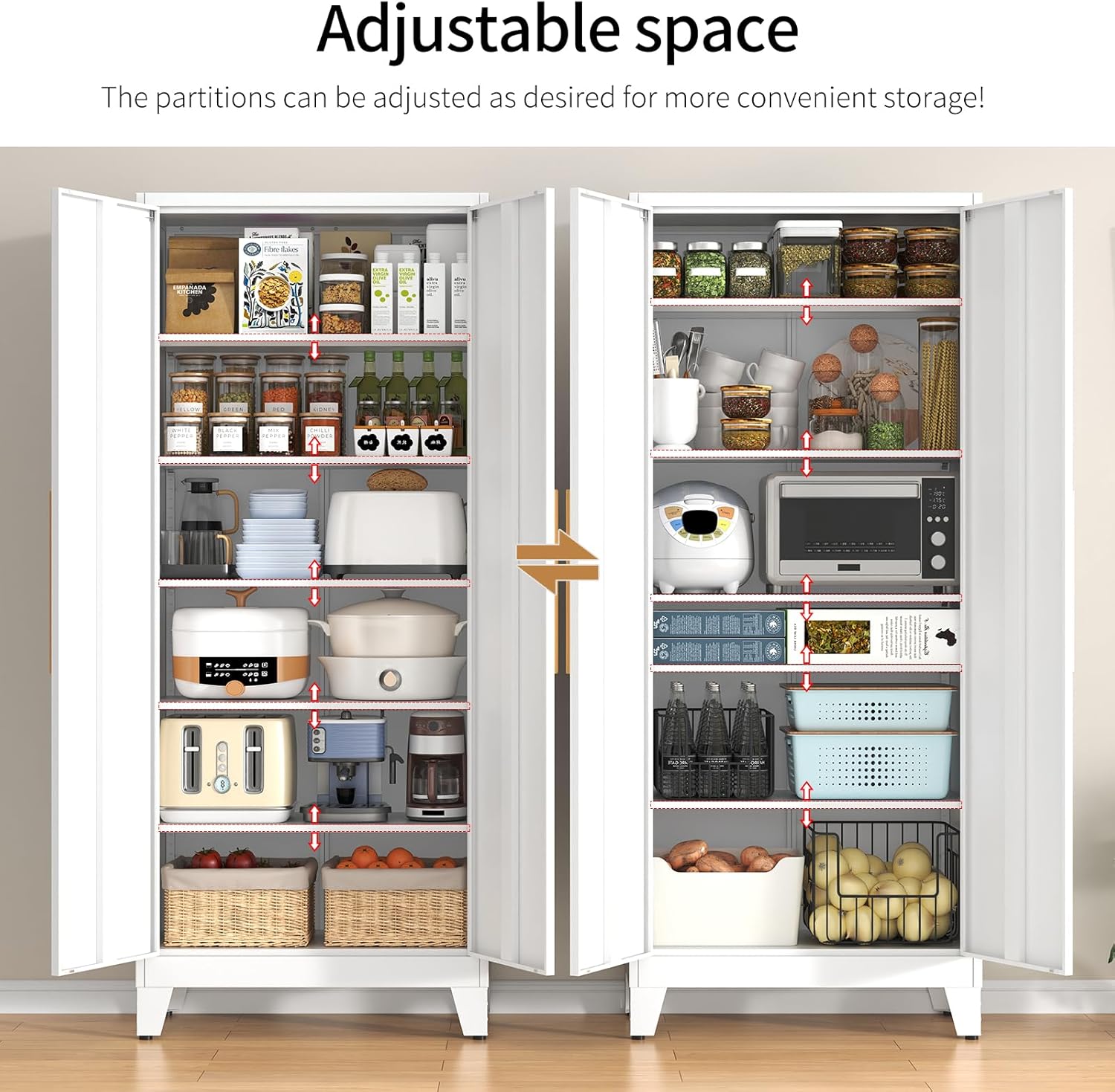75.3" Tall Metal Kitchen Pantry Storage Cabinet with 5 Adjustable Shelves & 2 Doors, Large Freestanding Organizer Cabinet for Kitchen, Bathroom,Diningroom（White）