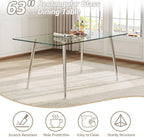 63" Glass Dining Table for 4, Rectangular Modern Kitchen Tables with Glass Tabletop and Metal Trestle Legs for Restaurants and Dining Room, Silver