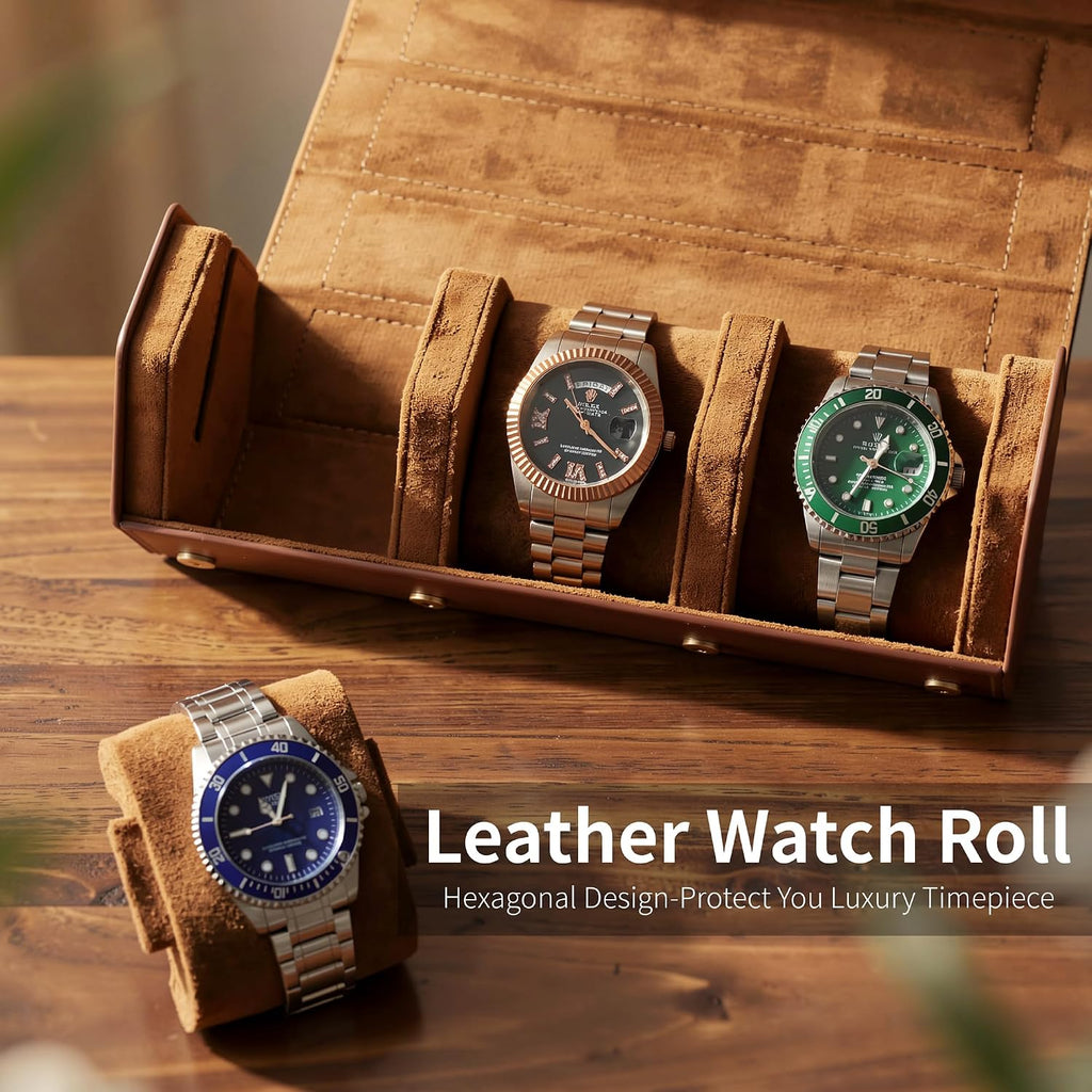 Leather Watch Roll for 2 Watches - Velvet-Lined Travel Case, Luxury Watch Rolls Organizer with Storage & Display for Men (3 Slot-Brown)