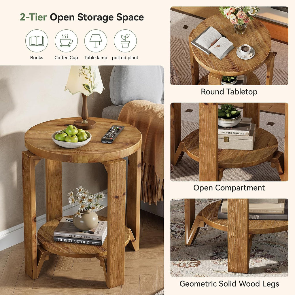 Solid Wood End Table, 2-Tier Round Wood Side Table for Living Room, Farmhouse Circle Nightstand with Storage for Bedroom, Couch, Small Spaces, Easy Assembly, Rustic Brown