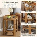 Solid Wood End Table, 2-Tier Round Wood Side Table for Living Room, Farmhouse Circle Nightstand with Storage for Bedroom, Couch, Small Spaces, Easy Assembly, Rustic Brown