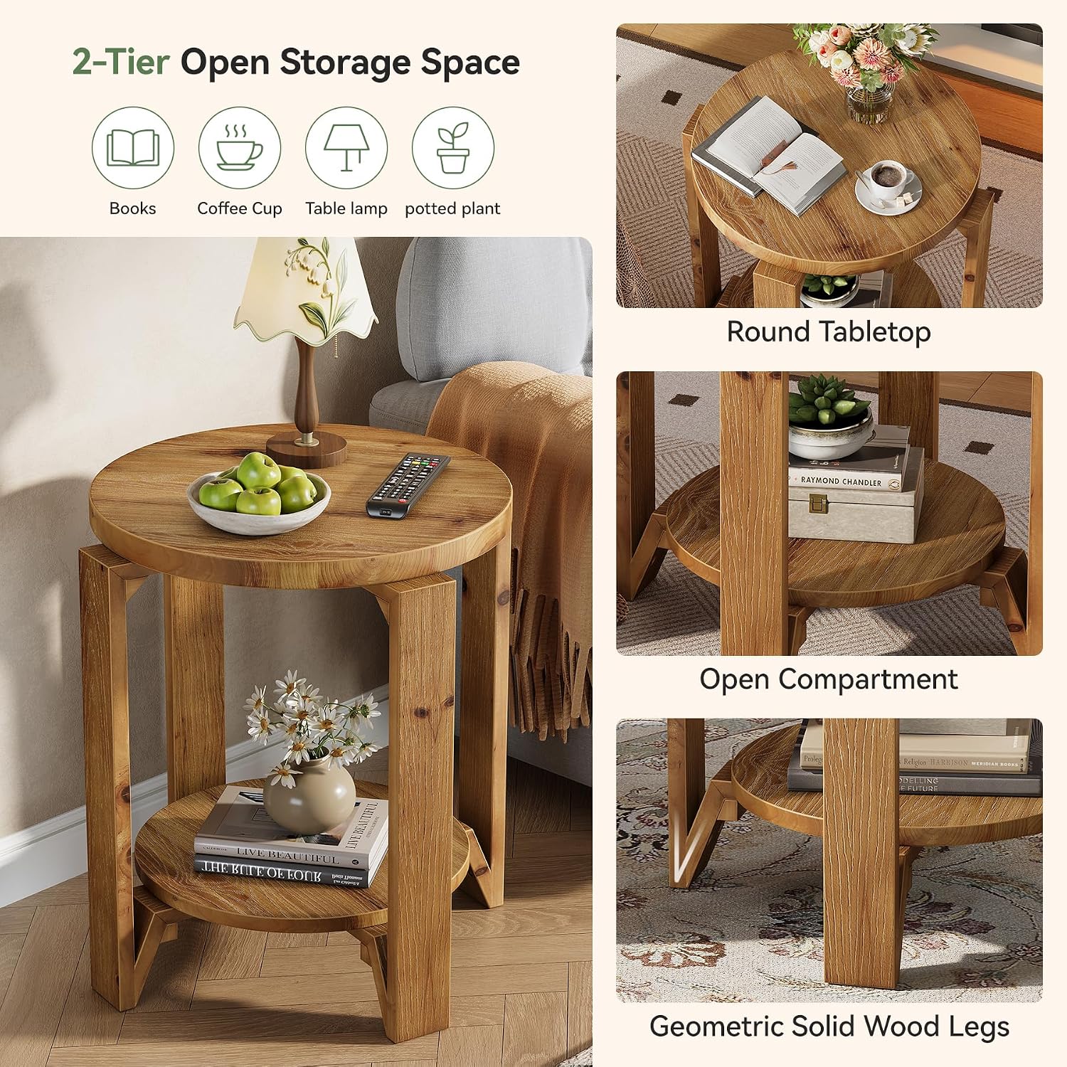 Solid Wood End Table, 2-Tier Round Wood Side Table for Living Room, Farmhouse Circle Nightstand with Storage for Bedroom, Couch, Small Spaces, Easy Assembly, Rustic Brown