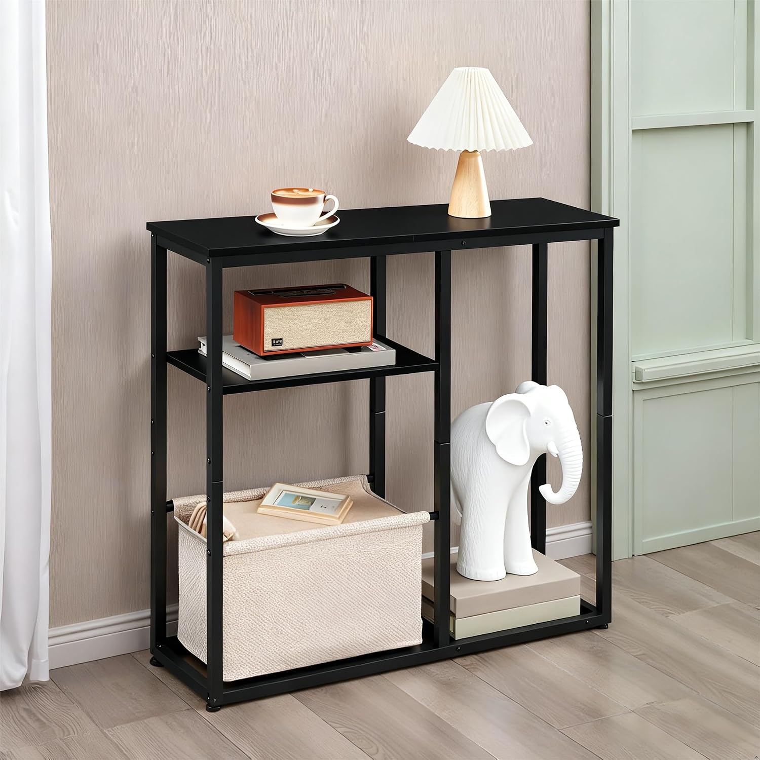HOOBRO Narrow Console Table with Storage Basket, 29.5" Small Entryway Table with 3-Tier Storage Shelves, Behind Couch Sofa Table, Hallway Table for Living Room, Black and Beige BB60XG01