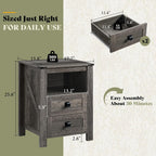 AMERLIFE Farmhouse Wood Nightstand Set of 2, End Table with Drawers, Grey | Narrow/Small 18" Bedside Table with Open Shelf, Wooden Night Stand for Bedroom/Home Office, Rustic Grey Oak