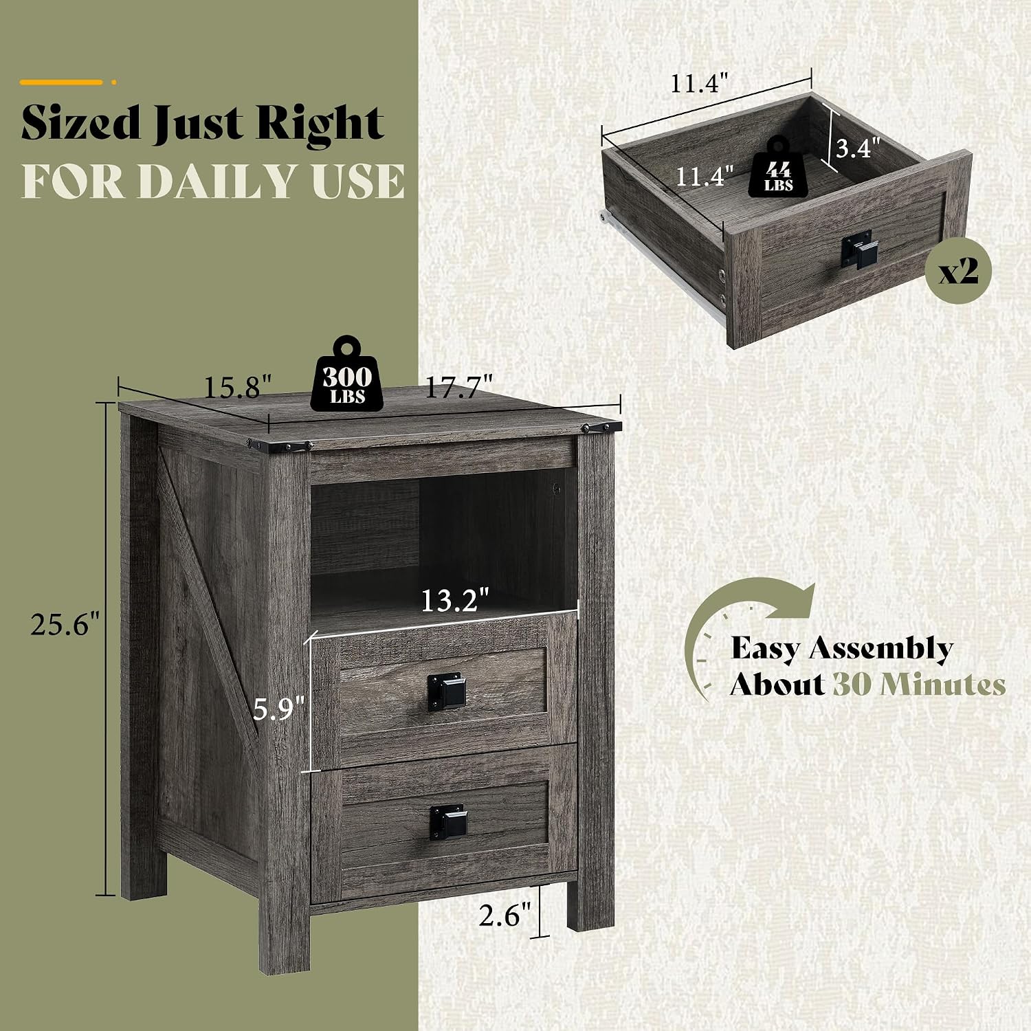 AMERLIFE Farmhouse Wood Nightstand Set of 2, End Table with Drawers, Grey | Narrow/Small 18" Bedside Table with Open Shelf, Wooden Night Stand for Bedroom/Home Office, Rustic Grey Oak
