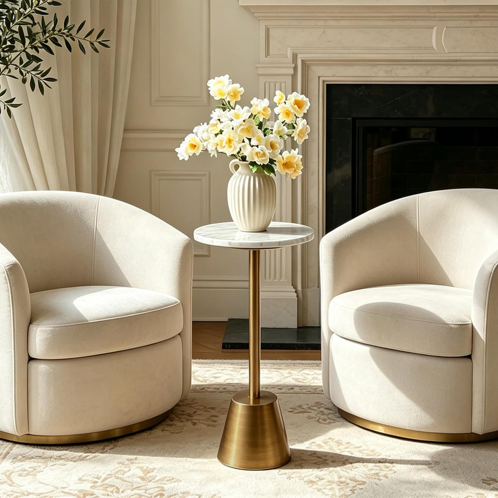 White Marble Pedestal Side Table, Round Accent End Table with Metal Base for Couch, Small Drink Tables for Small Spaces, Vintage Antique Gold Cocktail Martini Table for Living Room
