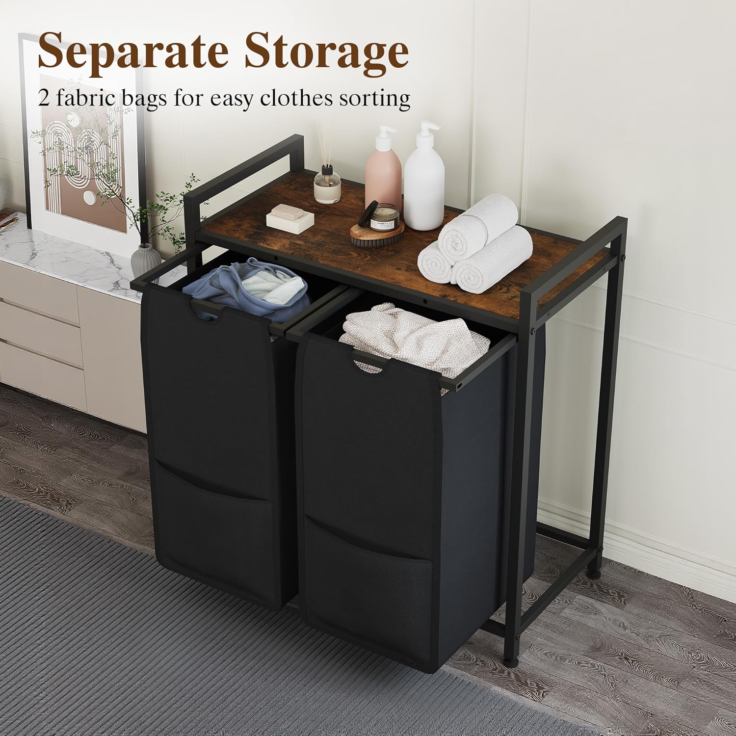 Laundry Sorter, Freestanding Black Hamper Basket, 2 Section Organizers and Storage, Pull-Out Fabric Bags, 100lb Capacity MDF Shelf, Metal Frame, 48L Bags, 26.8x13x28.5 Inch