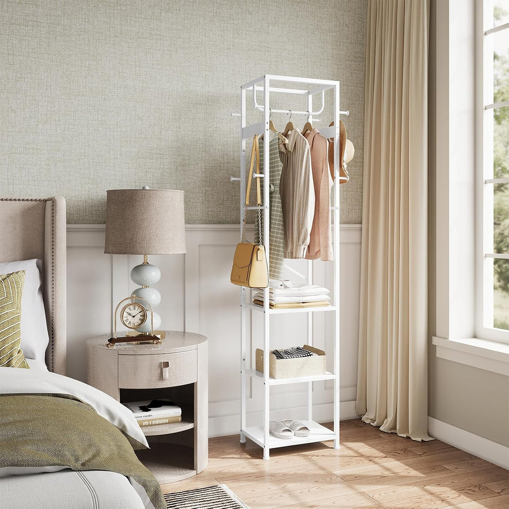 ELYKEN Coat Rack Freestanding, Hall Tree with 3 Shelves and 12 Hooks, White | Industrial Metal Frame, Space-Saving Design, Clothes Rack Stand Organizer for Bedroom, Hallway, Entryway, Office, Living Room