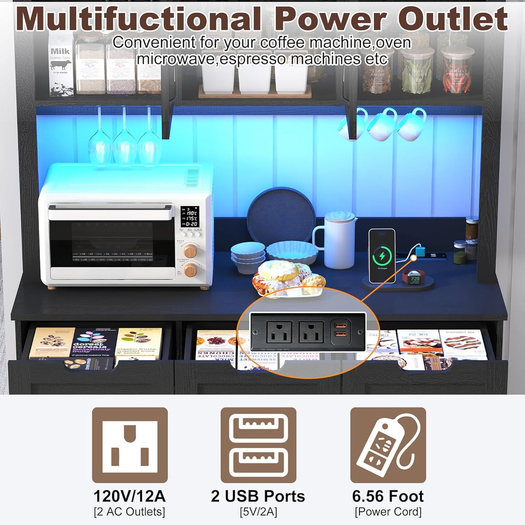 72" Tall Arched Pantry Cabinet w/Power Outlet,LED Lights, 42"W Modern Farmhouse Kitchen Hutch Coffee Bar Storage Cabinet w/Sliding Barn Door,3 Drawers,Glass Door, Versatile Cupboard,for Kitchen