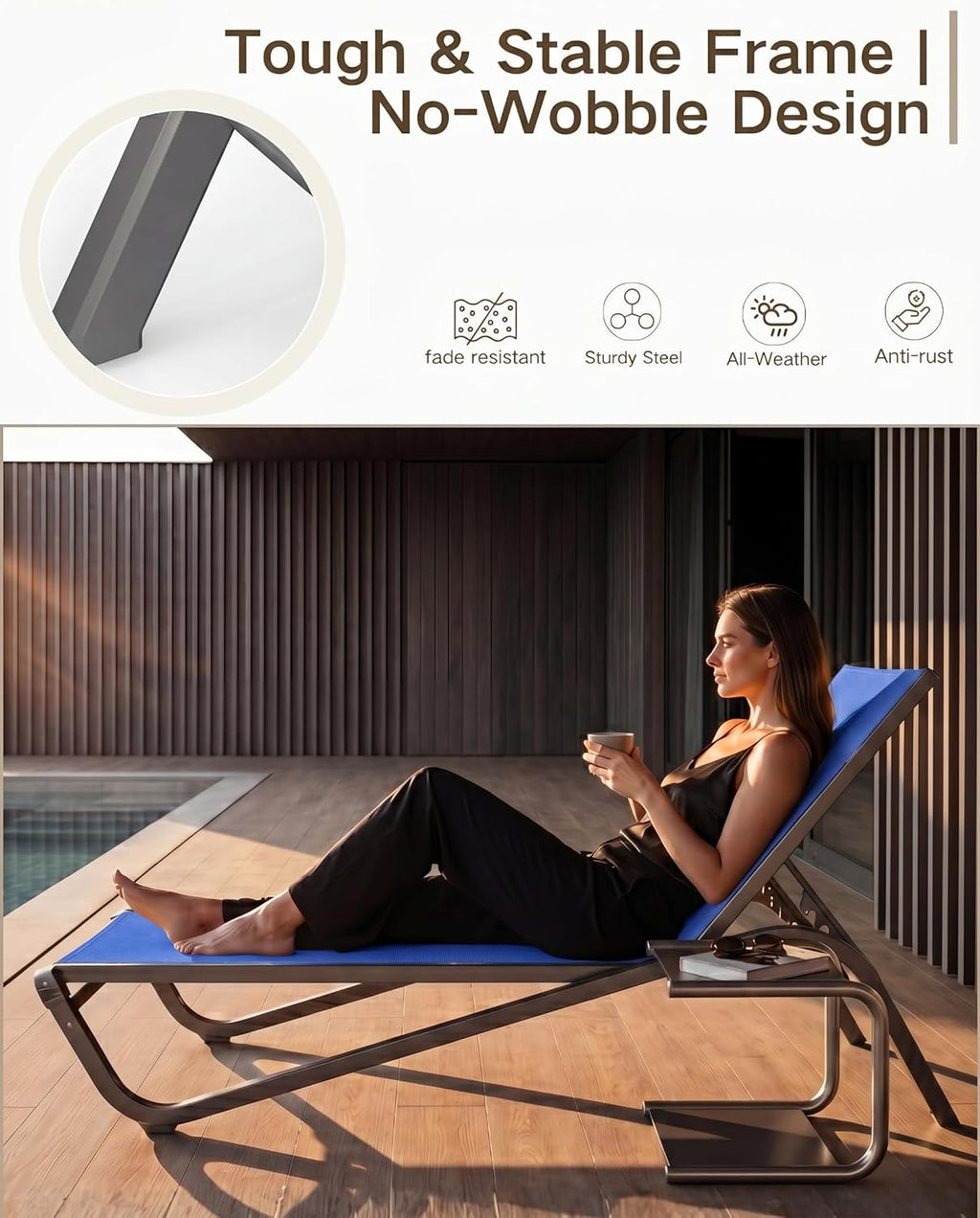 Aluminum Chaise Lounge Outdoor set of 2,Textilene Patio Lounge Chair with 6-Position Adjustable Backrest,Stackable & Easy Assembly,Lightweight for Pool,Deck,Balcony,Lawn,Light Gray,Royal Blue
