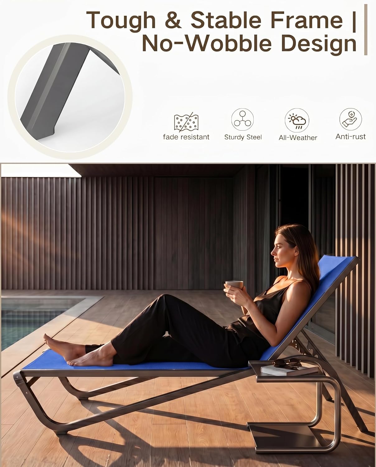 Aluminum Chaise Lounge Outdoor set of 2,Textilene Patio Lounge Chair with 6-Position Adjustable Backrest,Stackable & Easy Assembly,Lightweight for Pool,Deck,Balcony,Lawn,Light Gray,Royal Blue