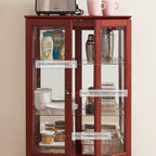 44" Small Lighted Glass Accent Curio Cabinet, Vintage China Cage with 2 Tempered Glass Doors & Adjustable Shelves, Acrylic Mirrored Pane, Elegant Wine Artwork Showcase Rack for Living Room (Cherry)