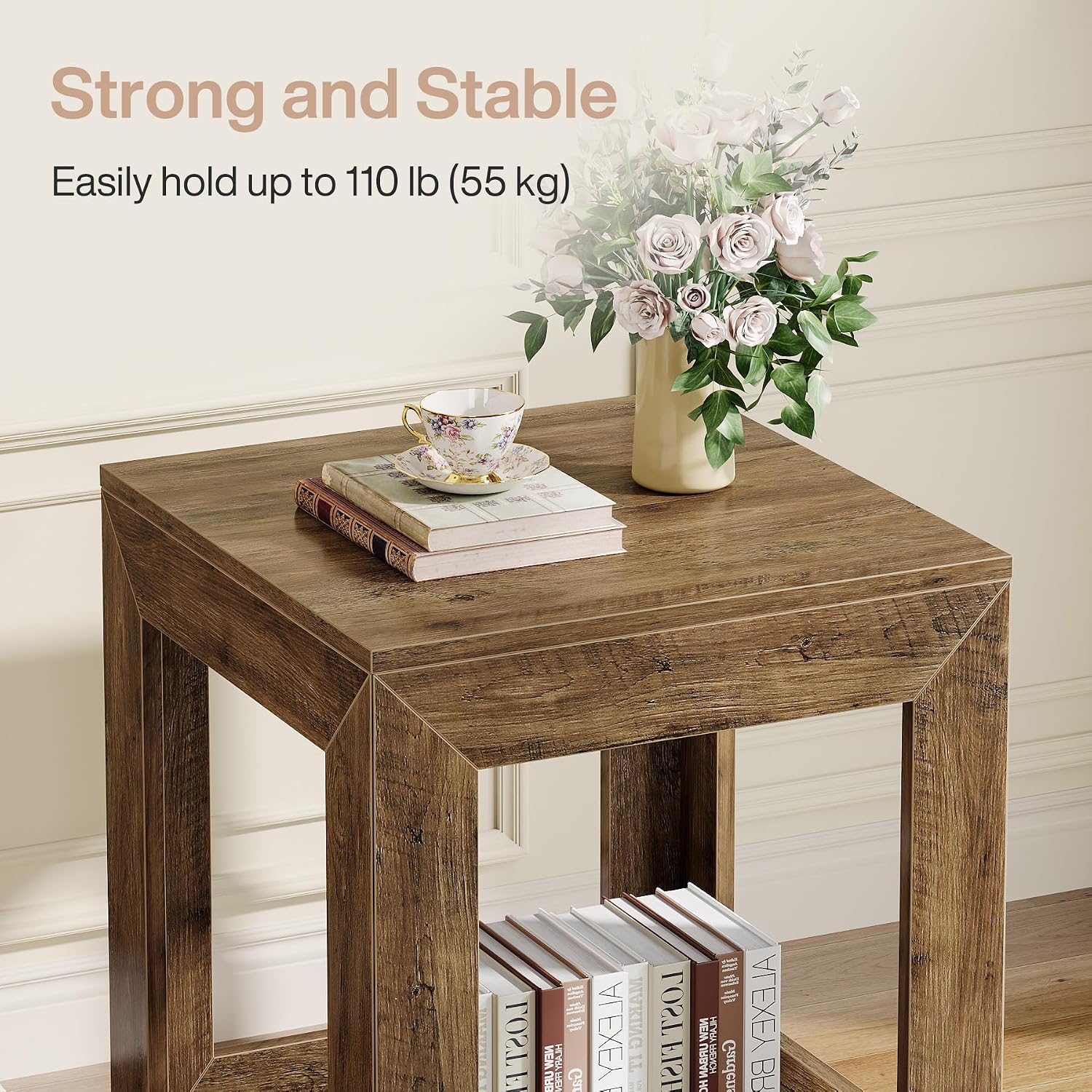 Tribesigns Farmhouse End Table, 20" Large Square Side Table with Storage Shelf, Rustic Wood Nightstand for Bedroom, Living Room, and Office, Easy Assembly (Rustic Brown, 1PC)