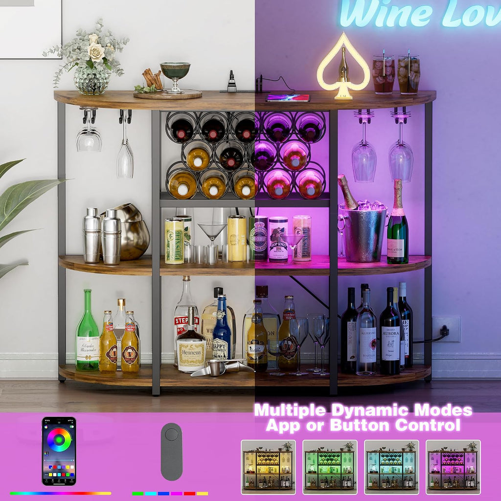 Furmax Wine Bar Cabinet for Liquor Bar Table Bar Cabinet with Lights and Outlet 4-Tier Storage Freestanding Wine Racks with Glass Holder Mini Bars for Home, Bar