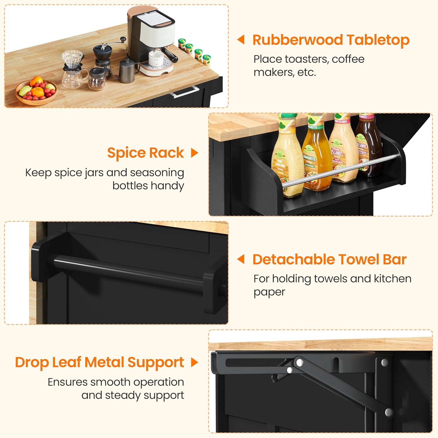 Yaheetech Kitchen Island Cart with Drop Leaf, Kitchen Breakfast Bar on 5 Universal Wheels with Storage Cabinet, Rubberwood Top, 3 Drawers, Spice Rack for Dining Room, 49W x 29.5D x 36H, Black