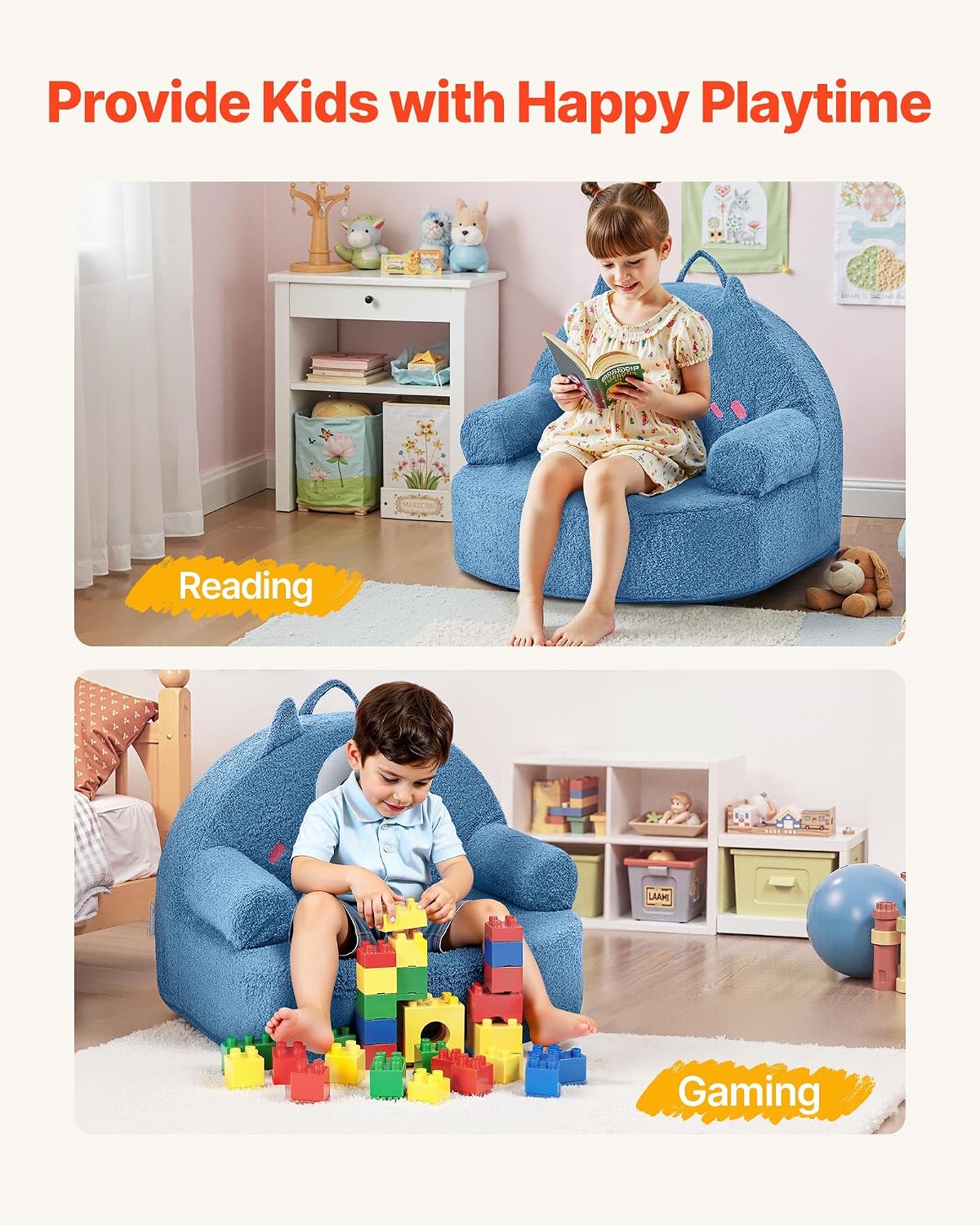 VEVOR Kids Sofa Comfy, Monster Style Foam Toddler Couch with Armrests, Movable & Washable Kids Sofa Made of 28D Sponge & Teddy Plush for Playroom, Bedroom, Living Room, Ideal Present for Child, Blue
