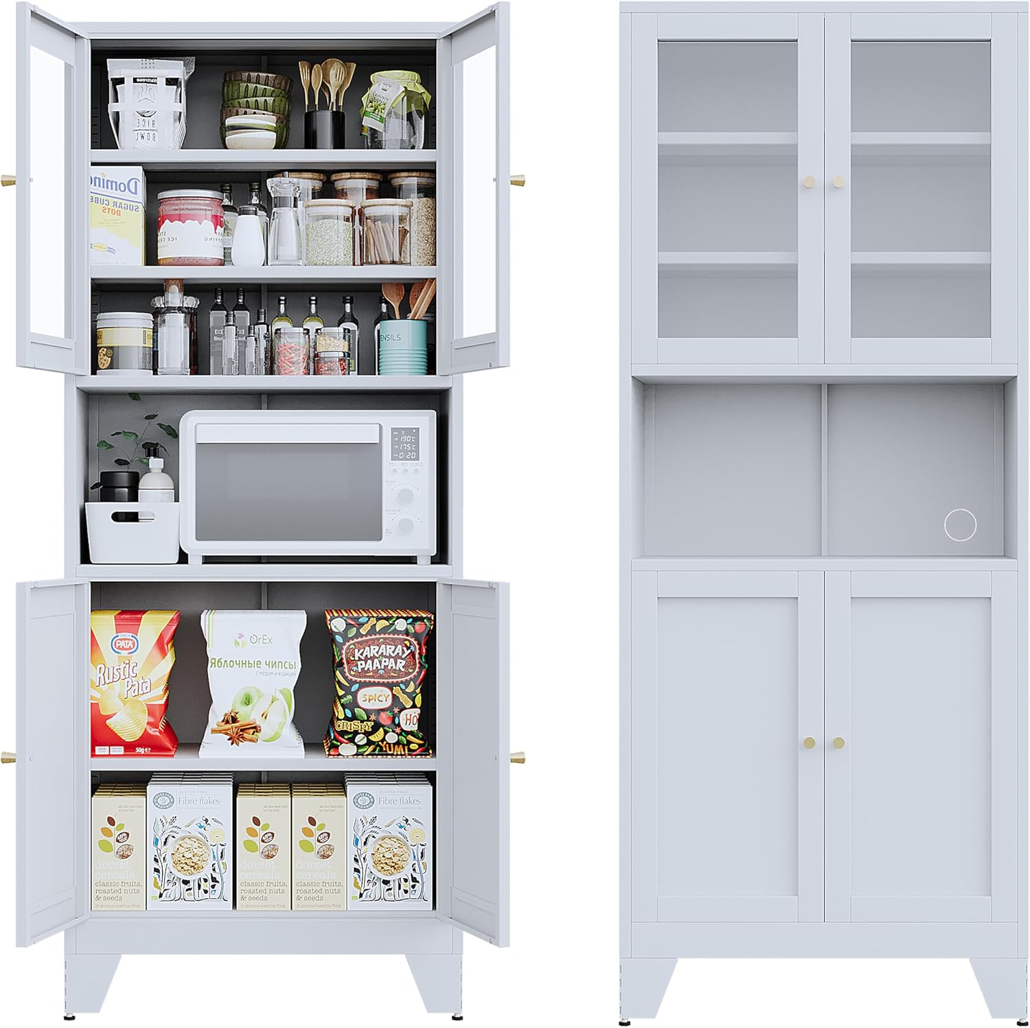 69" Tall Metal Pantry Cabinet with Microwave Stand,Microwave Storage Cabinet with 4 Doors & 3 Adjustable Shelves for Kitchen (4 Glass Doors-White, 13.78" D x 27.54" W x 68.9" H)