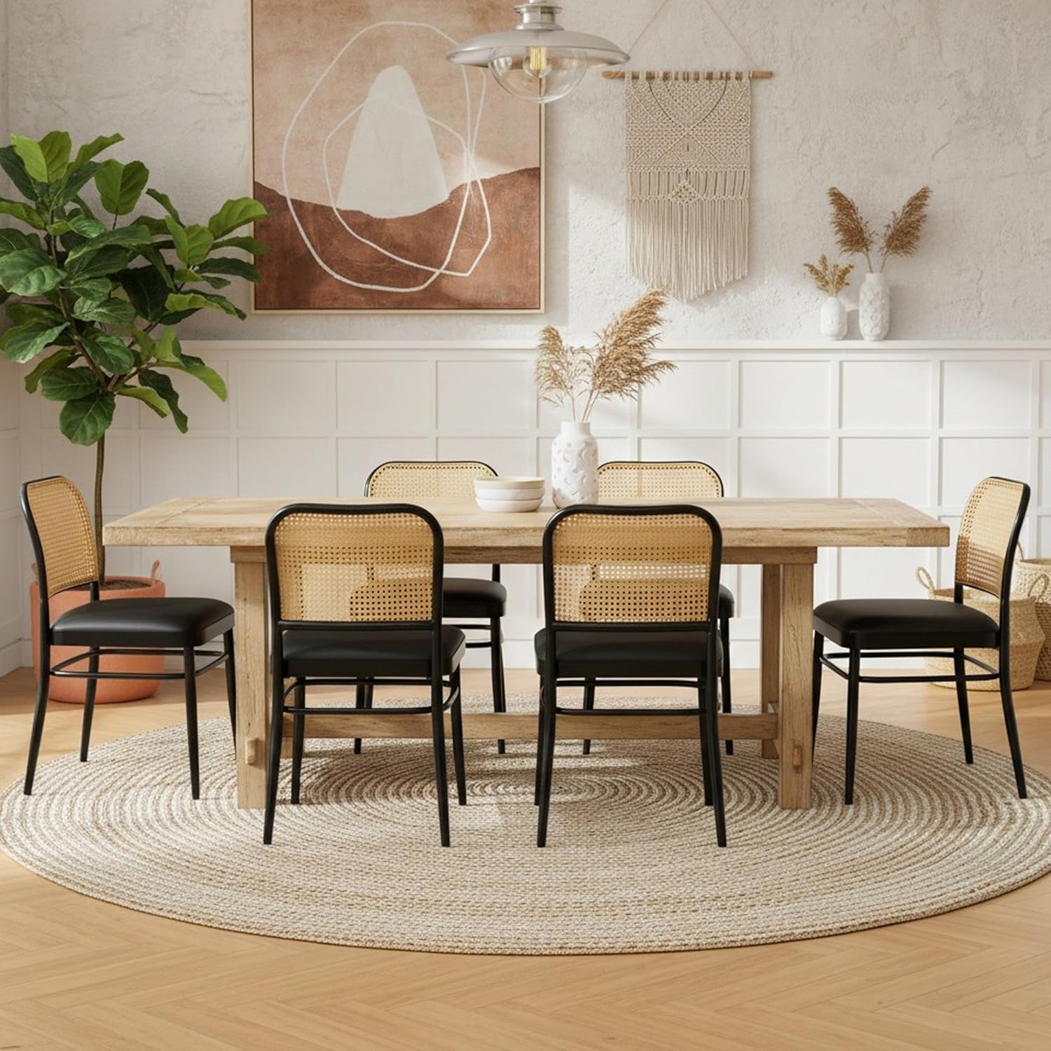 Rattan Dining Chairs Set of 4, Upholstered Faux Leather Dining Chairs with Cane Back, Mid Century Modern Kitchen & Dining Room Chairs, Boho Style, Black