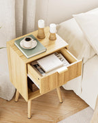 Oak Fluted Nightstand, Modern Bedside Table with Storage Drawer, Wood Night Stand Side End Table for Bedroom, Living Room, Office