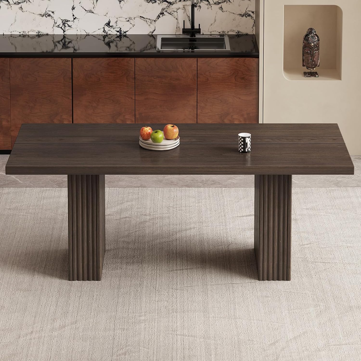 66.93" Rectangle Dining Table for 2-6, Farmhouse Kitchen Table with Sturdy Pedestal, Mid-Century Rectangular Dinner Table for Kitchen, Dining Room