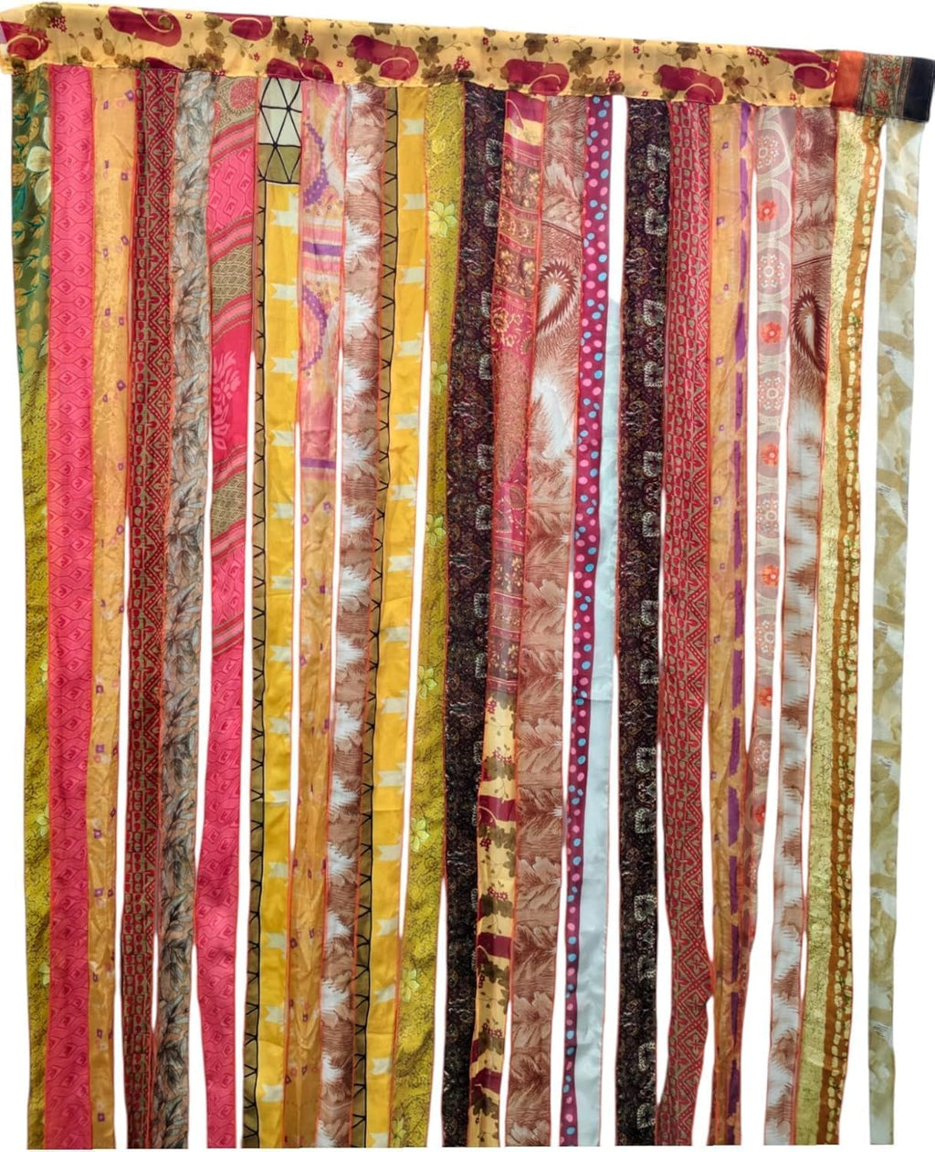 ETHINUMATIC®️ Recycled Silk Sari Ribbon Door Curtain, Bohemian Boho Room Divider, Rod Pocket, Handmade, 80x48 Inch (Yellow)
