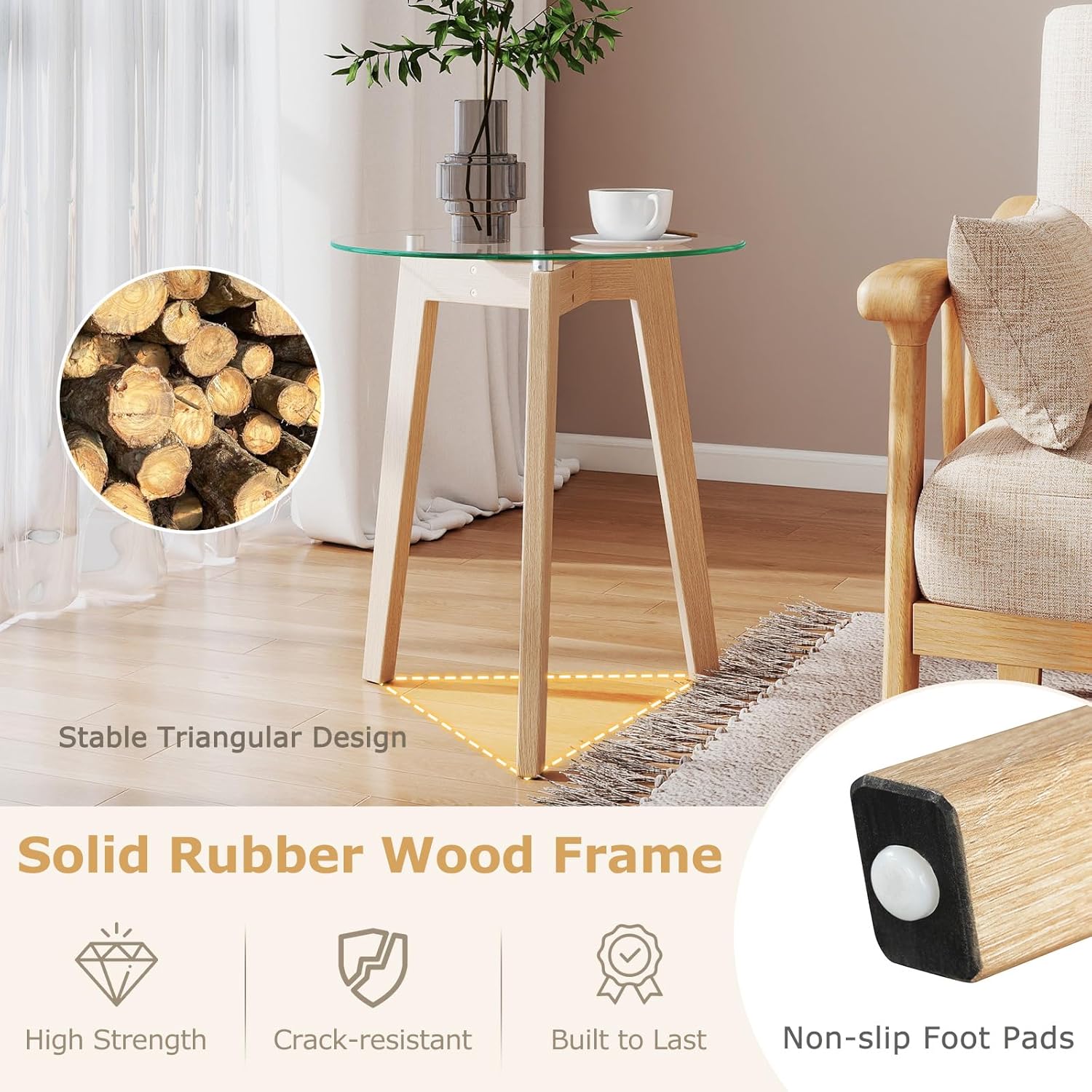 GOFLAME Glass End Table, 21” Round Couch Sofa Side Table with Solid Rubber Wood Frame & Tempered Glass Top, Modern Bedside Tables, Compact Circle Nightstand for Living Room, Bedroom, Natural (1)