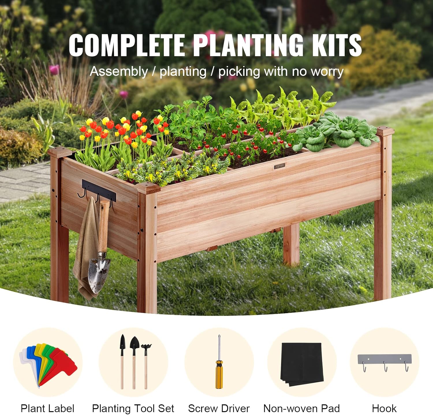 VEVOR Raised Garden Bed 48x24x30in with Sturdy Legs, High End Natural Fir Wood Planter Box Elevated Planting Stand for Backyard/Garden/Patio/Balcony w/Non -Woven Liner & 1 Set of Tool, 220lb Capacity