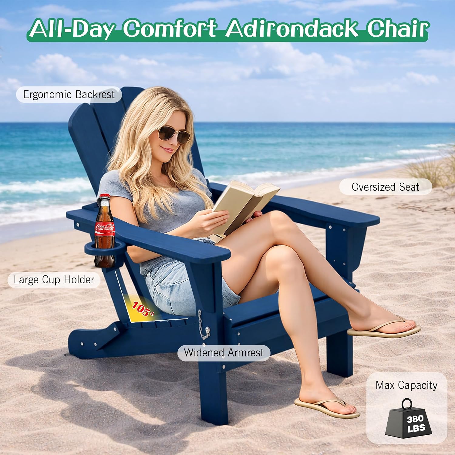 Domi Folding Adirondack Chair Set of 2, HDPE All-Weather Adirondack Chairs with Cup Holder, Outdoor Plastic Fire Pit Chairs Wood Texture for Poolside, Patio, Backyard, Deck (Blue)