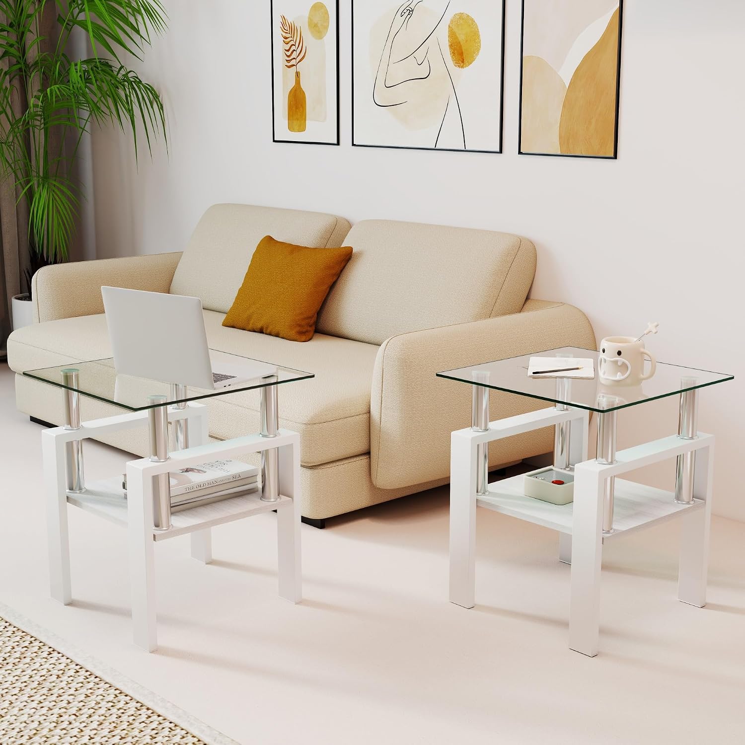 2-piece Set Modern Tempered Glass Side Table, Small Glass Top End Table, Square Table with Metal Frame, Suitable for Living Room and Bedroom