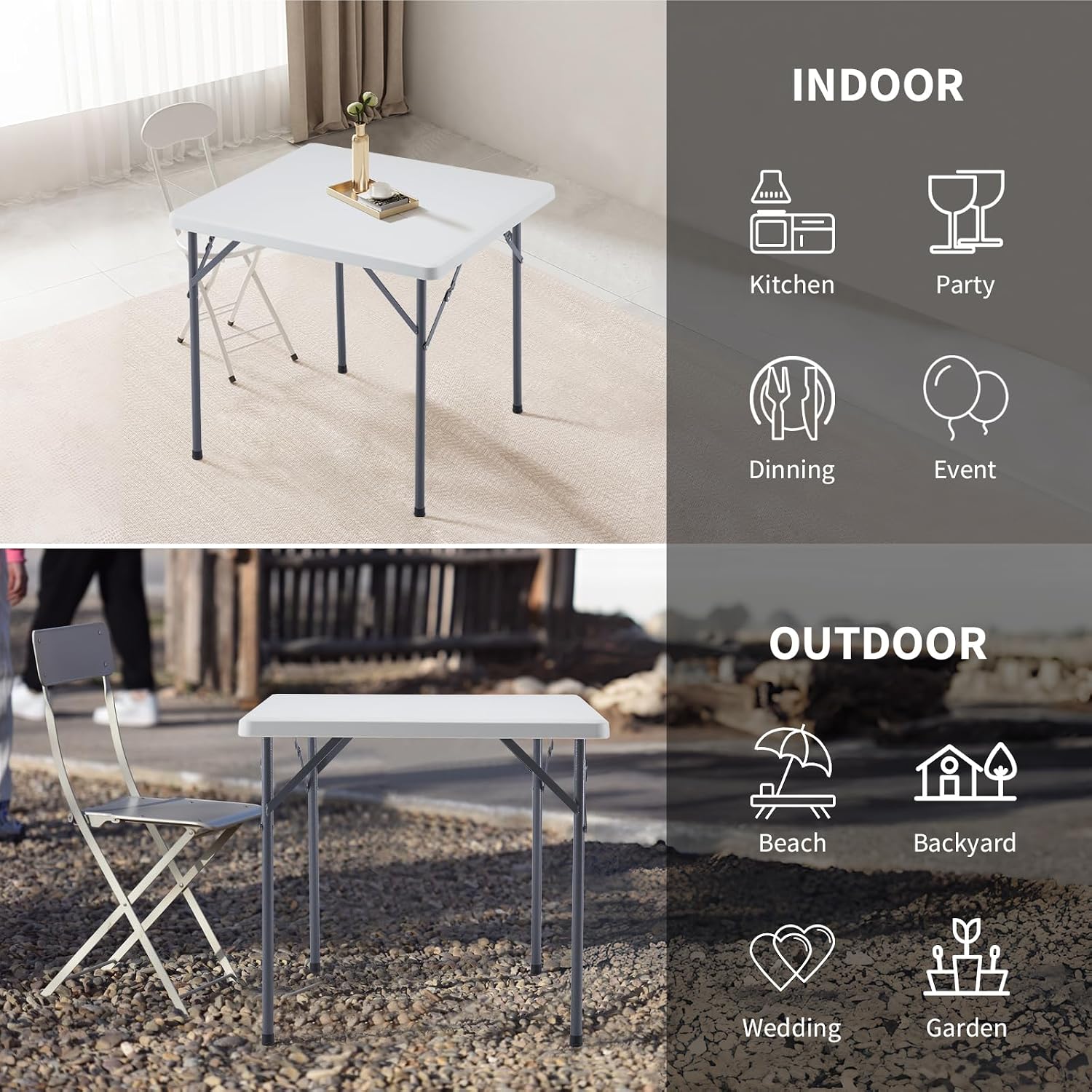 BOOSDEN 32 Inch Square Folding Table, Lightweight Card Table for Indoor Outdoor, Portable Utility Foldable Tables with Collapsible Legs, Plastic Table for Puzzles, Game, Crafting, Camping,Party,Picnic