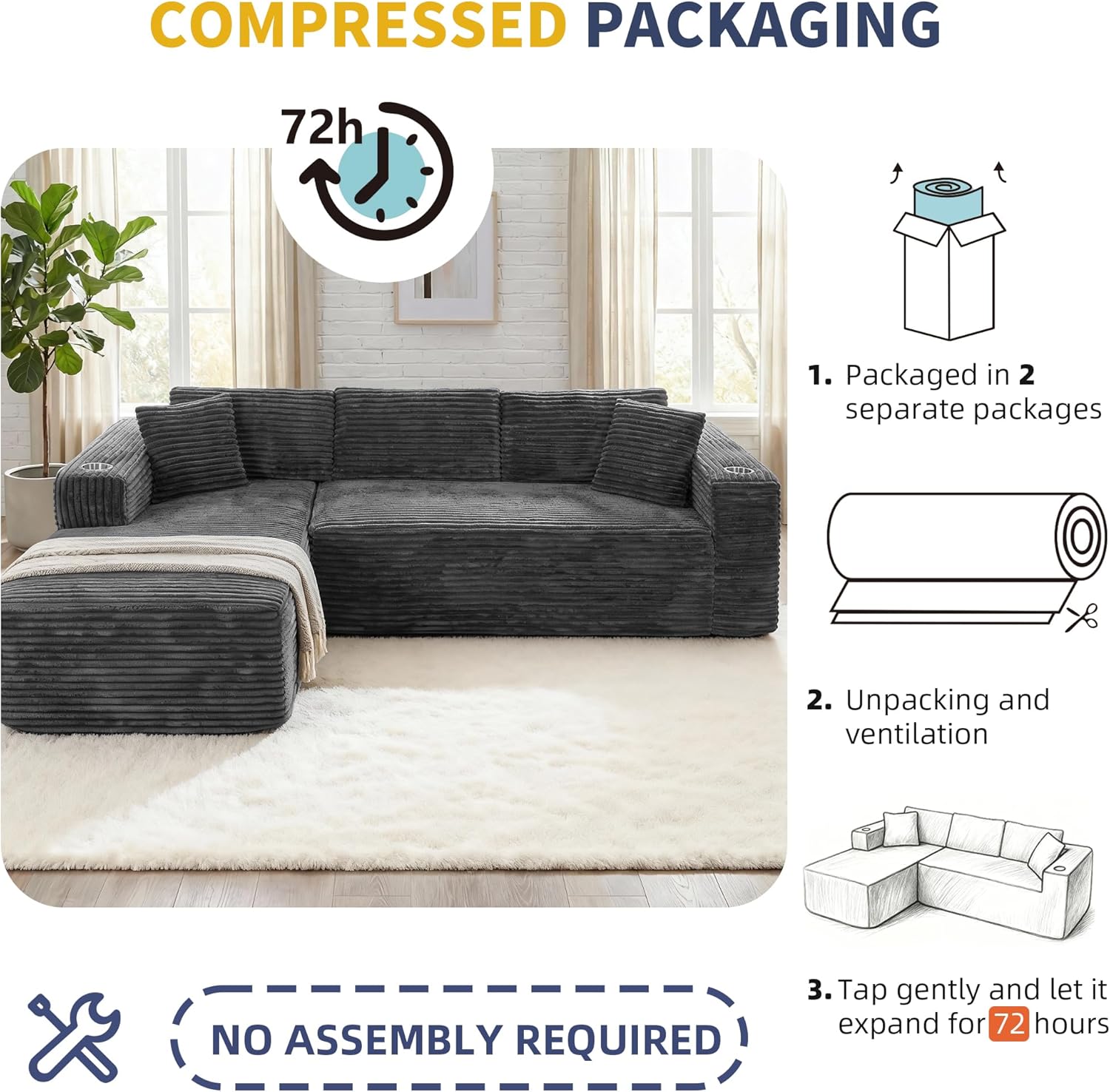 Shintenchi 103" Boneless Couches for Living Room with 2 Cup Holders,L Shaped Modular Sectional Sofa Set,No Assembly Needed Plush Corduroy Living Room Set,Dark Gray
