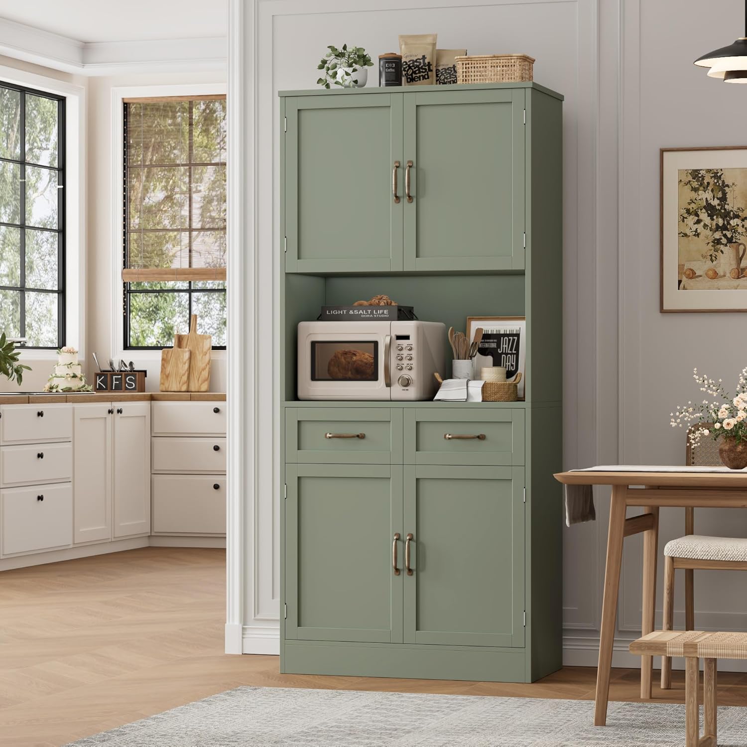 HOSTACK 71“ Tall Kitchen Pantry Storage Cabinet, Modern Kitchen Hutch Bar Cabinet with Microwave Stand, Wood Buffet Sideboard with Hutch, Cupboard with Drawers, Shelves for Dining Room, Green