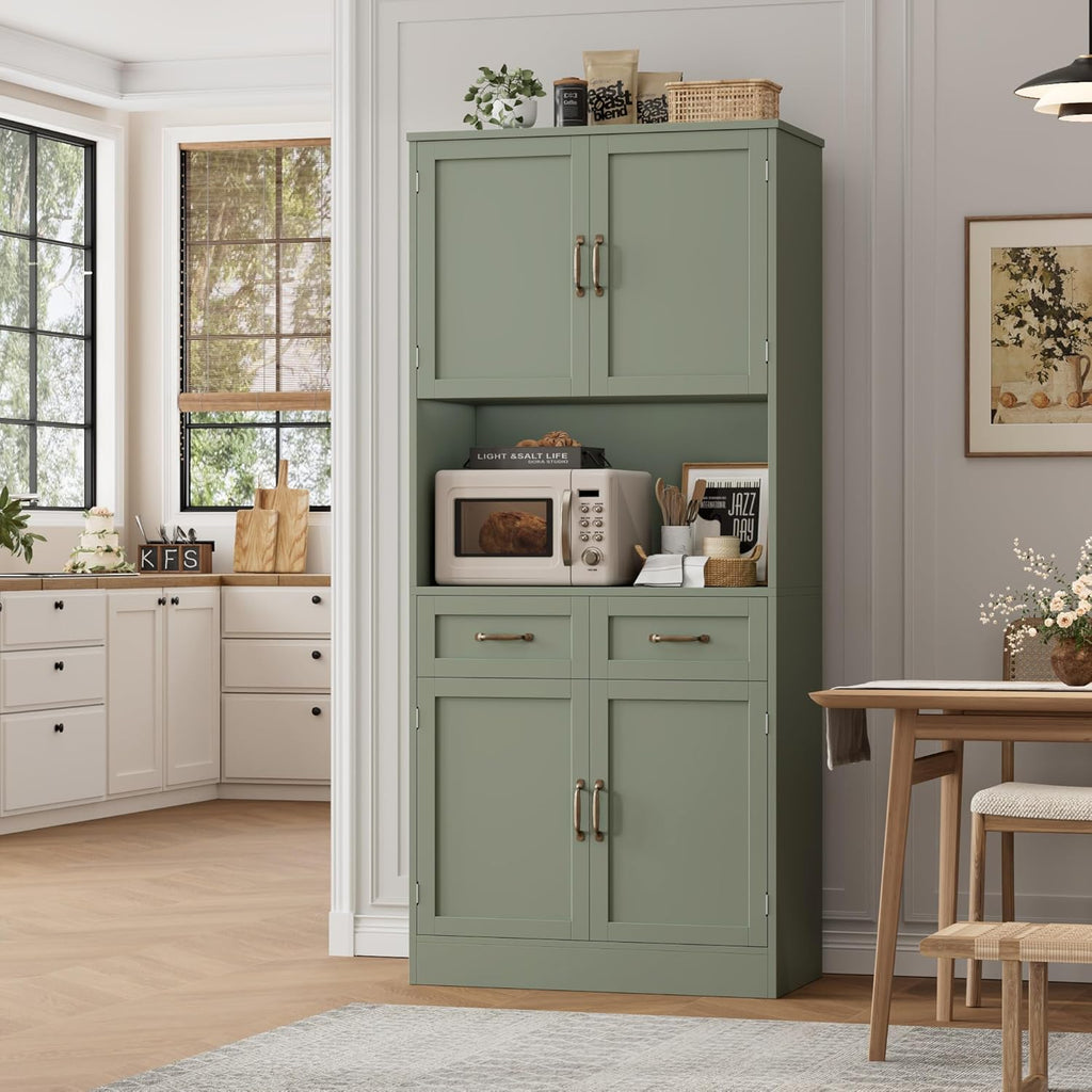 HOSTACK 71“ Tall Kitchen Pantry Storage Cabinet, Modern Kitchen Hutch Bar Cabinet with Microwave Stand, Wood Buffet Sideboard with Hutch, Cupboard with Drawers, Shelves for Dining Room, Green