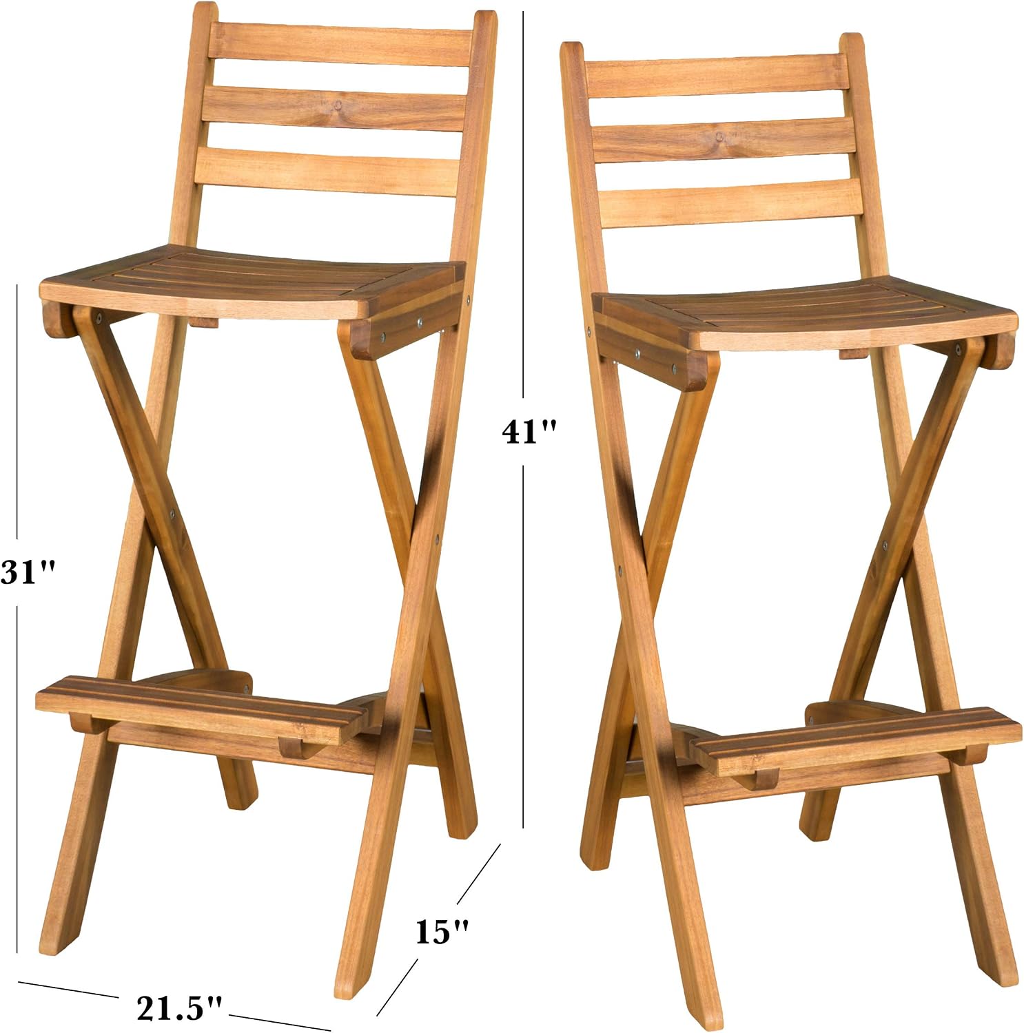 Christopher Knight Home Atlantic Outdoor Folding Wood Bar Stools | Acacia Wood Barstool Set of 2, 31" Seat Height, 2 PCS Outdoor Folding Chair for Garden, Porch, Poolside