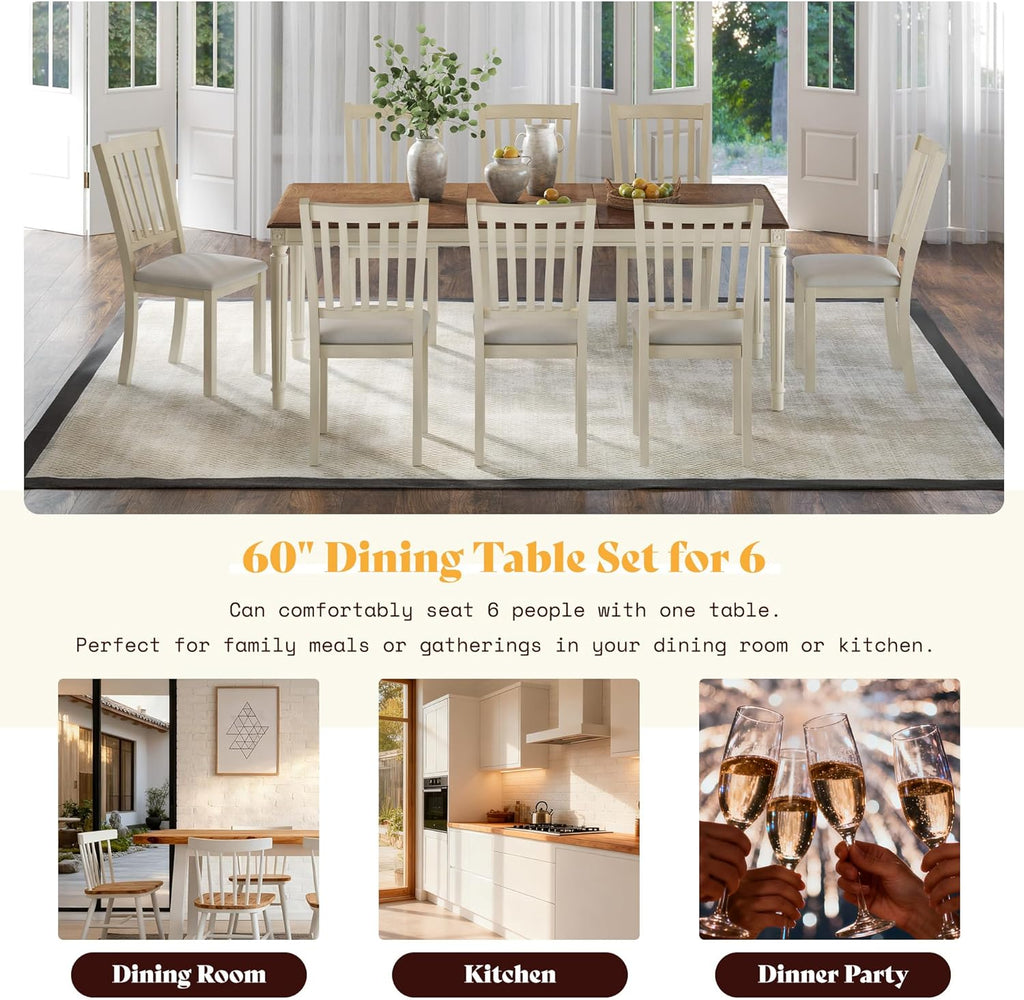 AMERLIFE 9-Piece Farmhouse Dining Table Set for 8, 79" Rectangular Kitchen Table with 8 Upholstered Chairs, Solid Rubberwood Frame, Roman Conical Legs, Rustic Cream