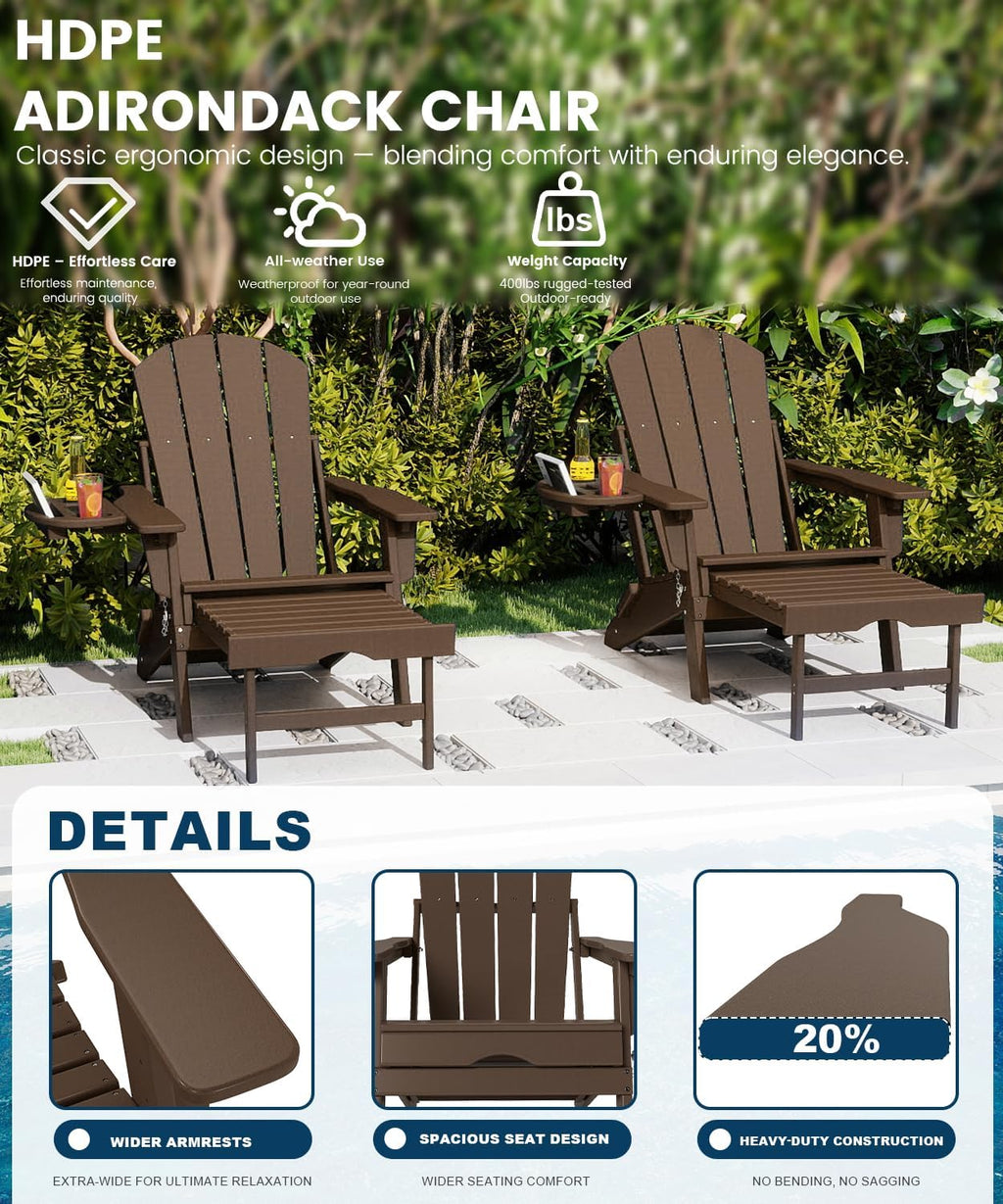FOOWIN Folding Adjustable Adirondack Chair with Retractable Ottoman Set of 2, HDPE Adirondack Chair w/4 in 1 Cup Holder Trays,All-Weather Resistant Fire Pit Chair for Outdoor Patio Lawn, Coffee