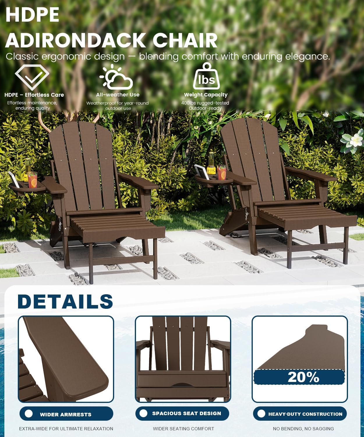 FOOWIN Folding Adjustable Adirondack Chair with Retractable Ottoman Set of 2, HDPE Adirondack Chair w/4 in 1 Cup Holder Trays,All-Weather Resistant Fire Pit Chair for Outdoor Patio Lawn, Coffee